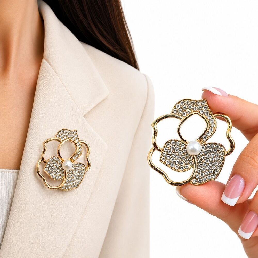 Ellas Gold Tone Rhinestone Flower Brooch Pin Pearl Floral Statement Lapel Pin